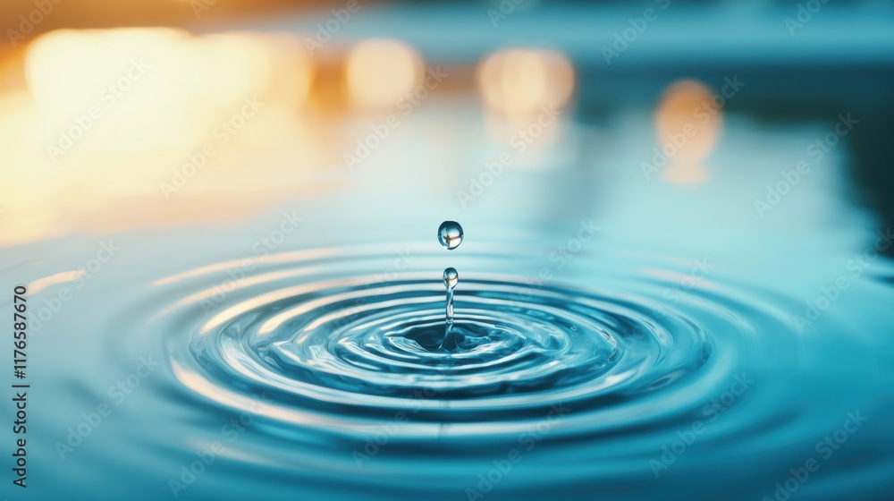 Aufkleber a single drop of water creating ripples on a still pond, with soft light reflecting on the circular 