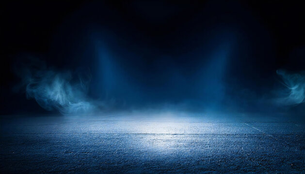 Dark asphalt background with smoke. Illuminated dark stage.