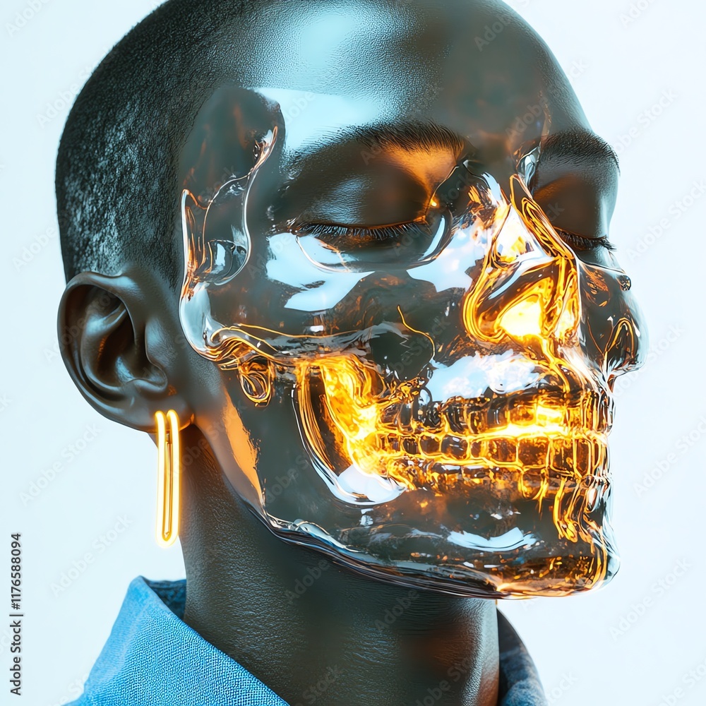 Poster artistic representation of a futuristic figure with a glowing skull mask and geometrical shapes in a