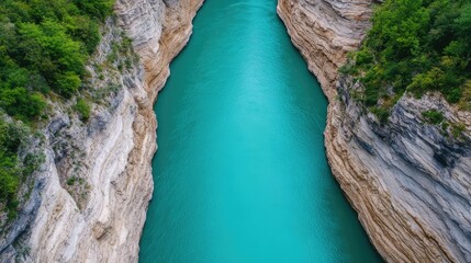 Breathtaking scenic view of a turquoise river or stream cutting through dramatic rugged mountain canyons   a serene and picturesque bucket list worthy travel destination for adventurers and nature