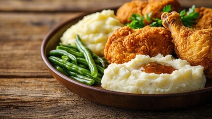 Delicious plate of fried chicken with mashed potatoes and green beans.