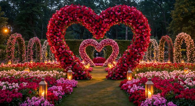 Romantic heart shaped rose arch with glowing lanterns, surrounded by colorful flowers and greenery in a serene garden, perfect for weddings - proposals, anniversaries or Valentine's Day decor