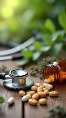 Stethoscope and Medicine Bottles Among Herbal Ingredients on Wooden Table