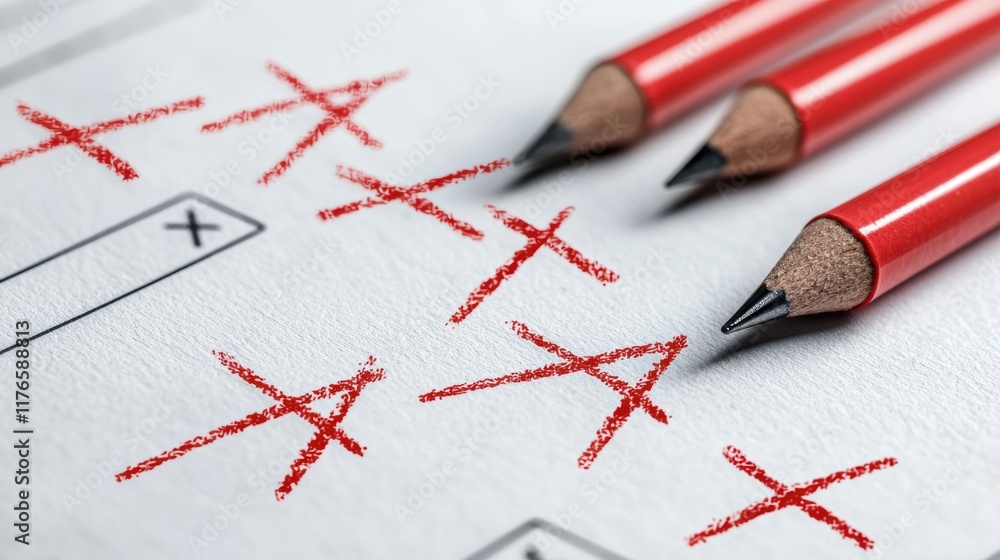 Aufkleber a close up shot of a multiple choice exam paper with answers marked in red ink, some with checkmarks