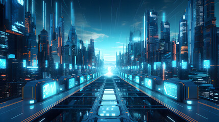 Fototapeta premium digital green and blue cyberpunk city graphics poster background