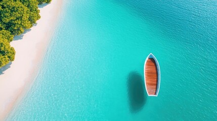 Obraz premium Serene Tropical Beach Escape with Idyllic Turquoise Waters and Wooden Boat Relaxing Holidays in Picturesque Coastal Getaway with Palm Trees and Natural Tranquility