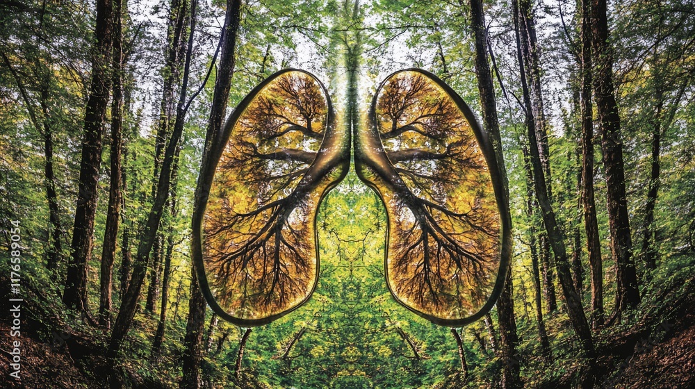 Poster a surreal image combining lungs and trees, symbolizing the connection between nature and health.
