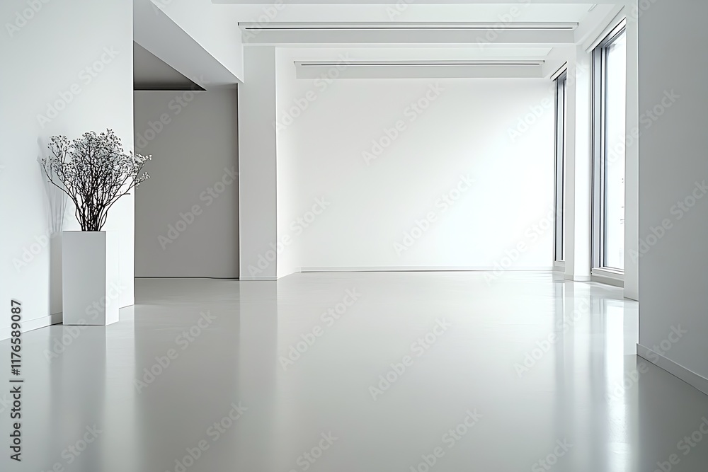 Poster Spacious Minimalist Room With Potted Plant and Large Windows : Generative AI