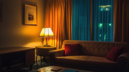 Modern hotel room in New York city - with a window night view and sofa