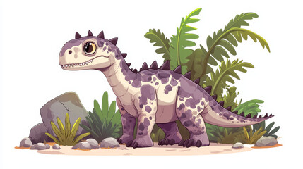 Saichania cartoon prehistoric dinosaur character. Isolated vector ancient herbivore reptile animal with spiked back in natural landscape with rock, palm tree and ferns. Late cretaceous era lizard