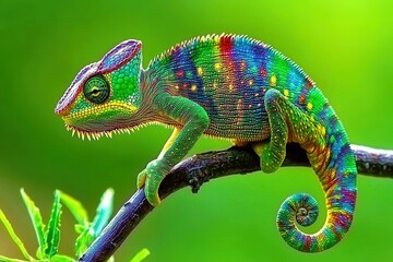 Fototapeta premium A close-up of a chameleon on a branch, displaying its vivid colors