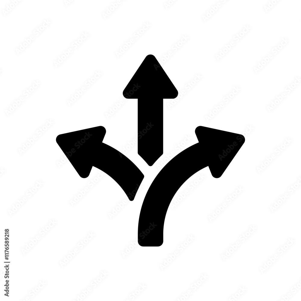 Poster three way direction arrow icon in rounded corner. triple arrows sign symbol