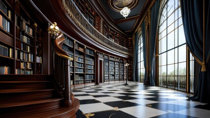 Elegant, grand library with wooden shelves, checkered floor, and large windows