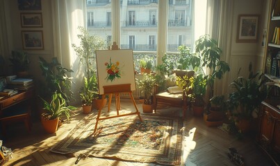 Parisian apartment, artist painting flowers, sunlit room, plants