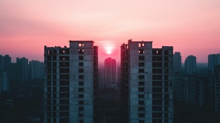 Fototapeta premium Dramatic Twilight Skyline of a Modern Bustling City with Towering Skyscrapers and Illuminated Residential Highrise Buildings Reflecting the Vibrant Urban Landscape During a Scenic City Break or Urban