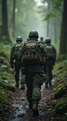 Fototapeta premium Group of Soldiers Marching Through a Dense Forest in Camouflage Gear