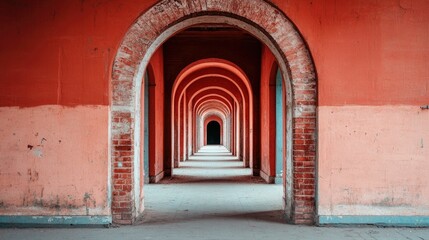 Fototapeta premium Symmetrical Brick Archway Corridor in Abandoned Urban Historic Structure Architectural Perspective of Mysterious Abandoned Landmark for and Discovery