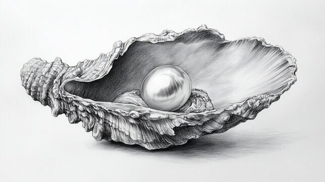 Pearl in oyster shell, pencil sketch, white background, jewelry design