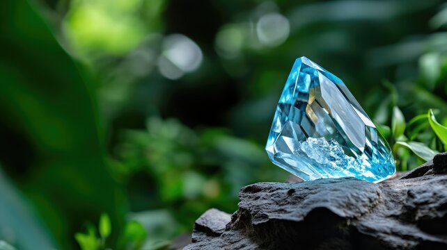 Clear blue gemstone displayed in lush green environment