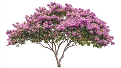 Fototapeta premium A colorful jacaranda tree adorned with clusters of vivid purple flowers isolated on a white background