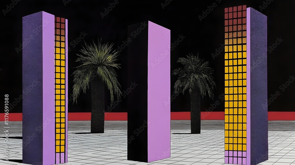 Poster abstract art installation featuring geometric shapes and palm trees in modern setting