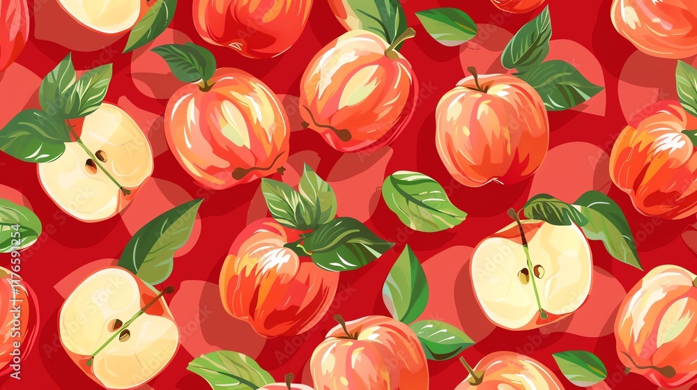 Poster seamless pattern with whole and halved red apples on a red background.