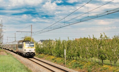 Fototapeta premium Movement of an electric train among fields in the countryside