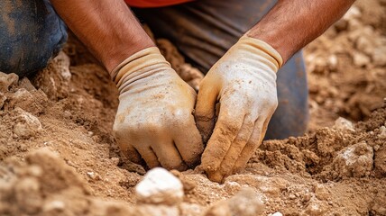 Person in gloves works with soil and rocks using hands outdoors, demonstrating manual labor