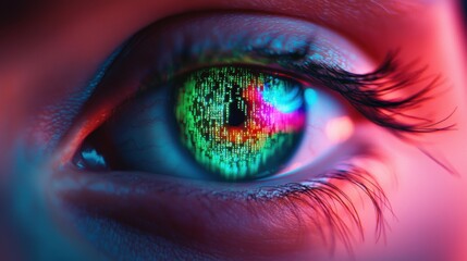 Colorful Eye with Digital Glitches and Binary Code Reflections