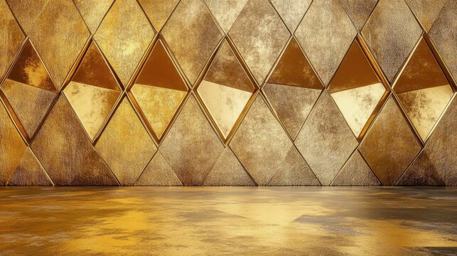 Geometric gold wall with intricate triangular patterns and a matching gold floor- ideal for luxurious and modern interior design themes.