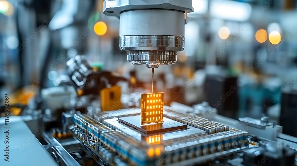 Poster robotic arm precisely placing a microchip onto a circuit board during automated manufacturing.