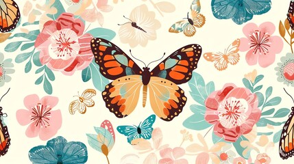 A seamless pattern of colorful butterflies and flowers.