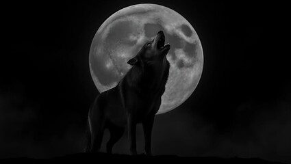 a majestic wolf standing proudly in the foreground, its mouth open in a haunting howl, set against...