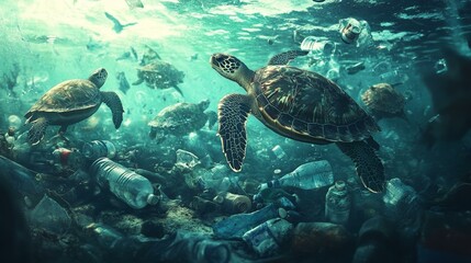 Obraz premium Sea Turtles Swimming in Underwater Ocean Habitat, Marine Ecosystem