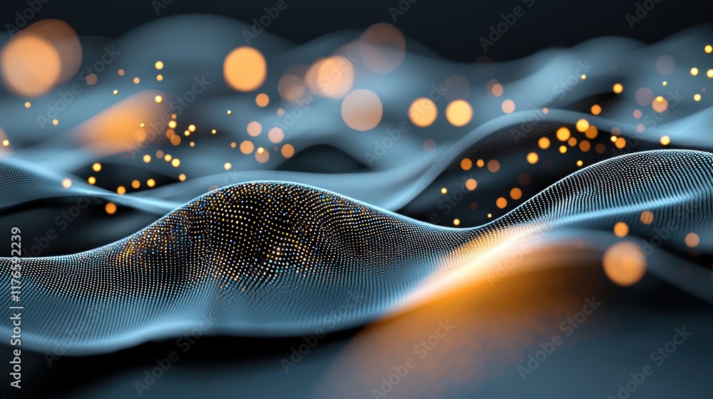 Poster a digital art piece featuring a network of interconnected lines and curves, resembling sound waves o