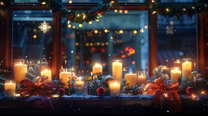 A festive window display with glowing candles and holiday garlands.