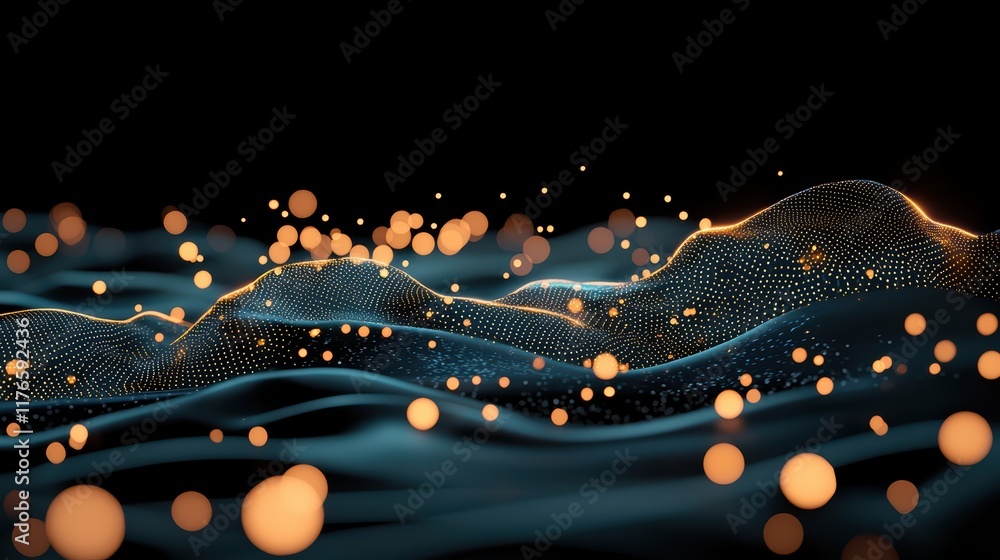 Poster a dark background with glowing lines and dots representing sound waves, visualizing the movement of 