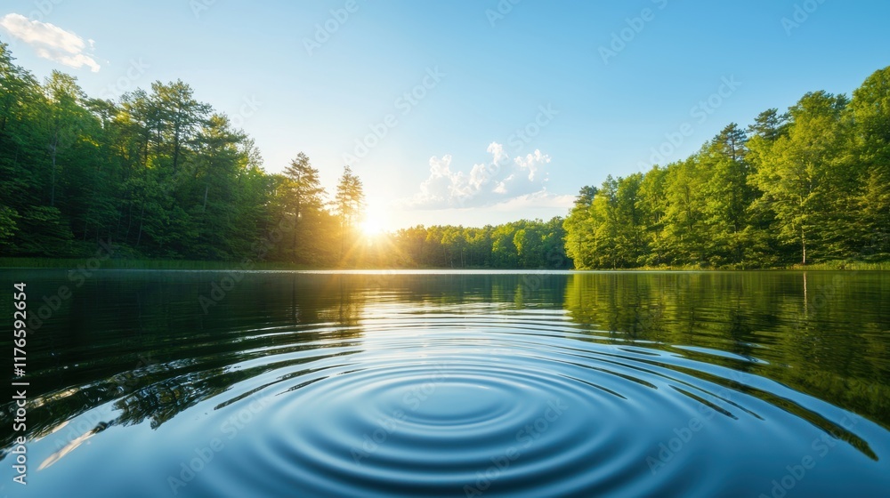 Aufkleber a calm lake surface with soft ripples reflecting the surrounding trees and sky, conveying a sense of