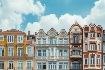 Fototapeta premium Ornate European buildings, blue sky, fluffy clouds.