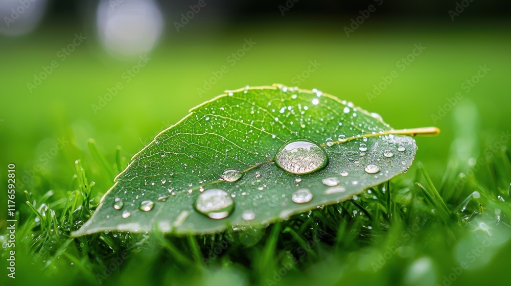 Poster a macro shot of water droplets forming on a leaf, with tiny ripples distorting the reflection of the