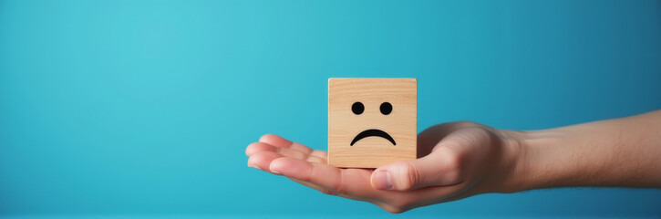 Sad Wooden Cube on Open Palm, Expression of Emotion in Calm Setting
