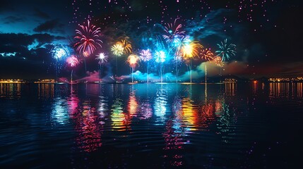Fireworks Over Lake Reflection Bright and colorful fireworks display over a lake with a blank area for text above