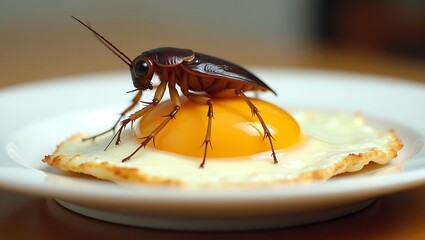 A close-up of a cockroach insect resting on fried egg served on a white plate, emphasizing food safety concerns, contamination risks, and unhygienic food practices