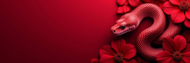 Fototapeta premium Vibrant Floral Snake Among Red Flowers, Digital Art