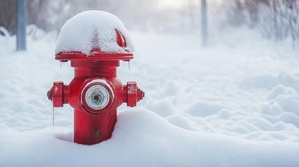 A bright red fire hydrant is almost buried under a thick layer of snow- standing out against the...