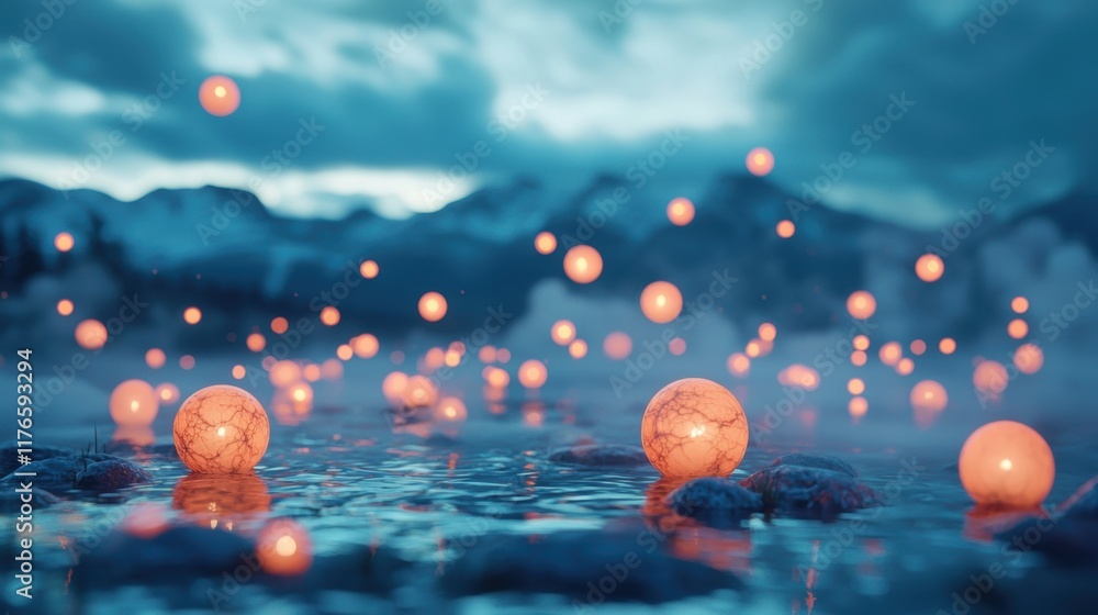 Poster a surreal landscape with glowing orbs of light floating in the air, creating a mysterious and otherw