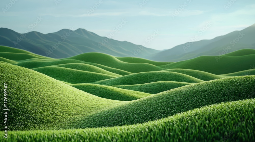 Poster rolling hills covered in lush green grass with wind creating visible waves in the landscape, evoking