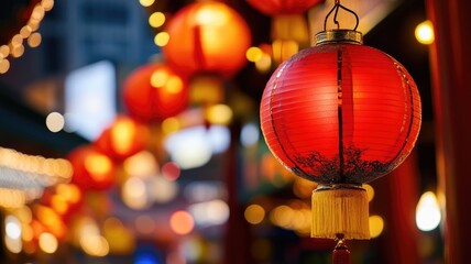 Fototapeta premium Red lanterns illuminate beautifully in charming evening scene
