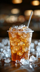 Iced Tea Drink in Plastic Cup with Ice Cubes