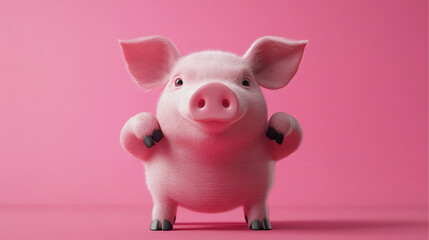 A cute pink pig with a round body and small ears sitting on a pink background